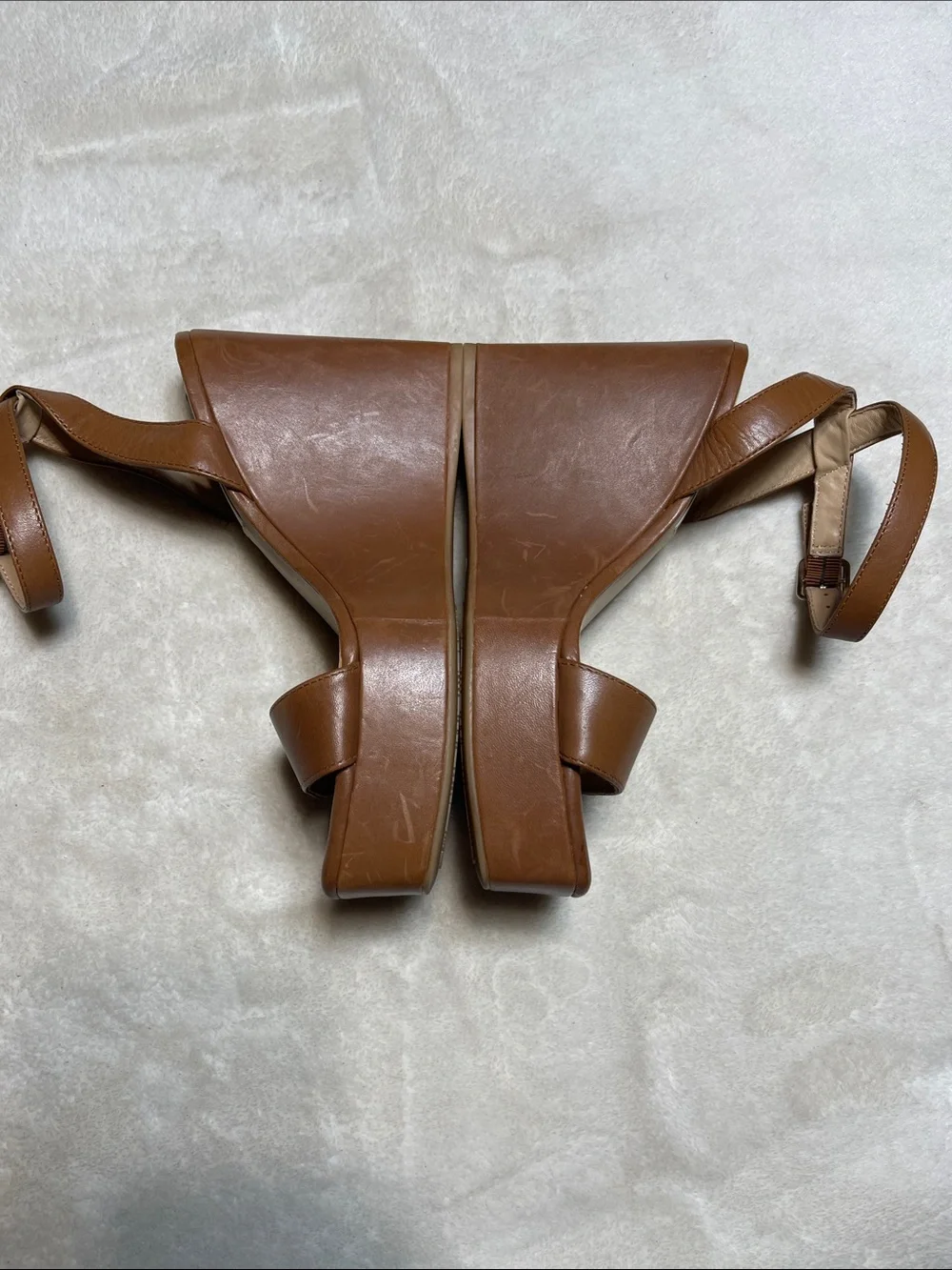ANTONIO MELANI Tan Leather Platform Wedge Sandals with Slingback Ankle Strap Sz6
